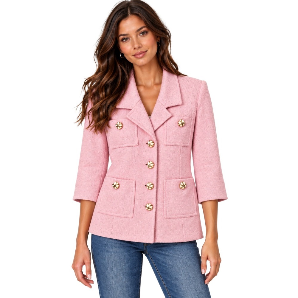 St. John Santana Knit Blazer Jacket Womens Small Pink Gold Flower Button Preppy